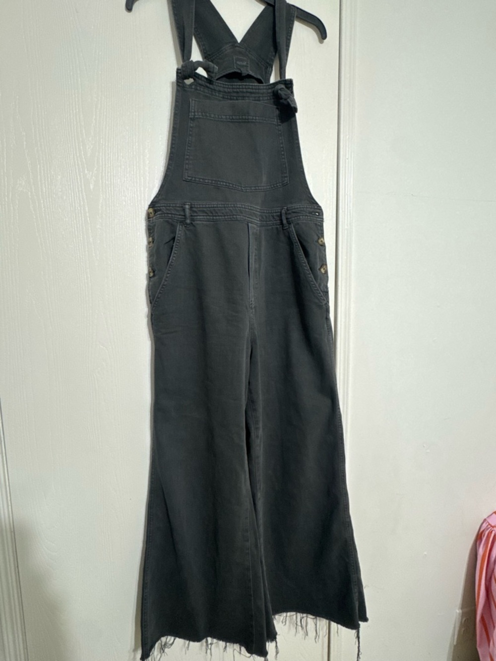 aerie Black Wide-Leg Overalls with Frayed Hem